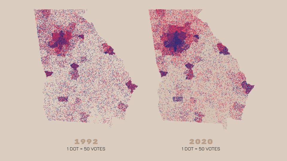 Dot Density Maps of Georgia Votes, 1992 & 2020