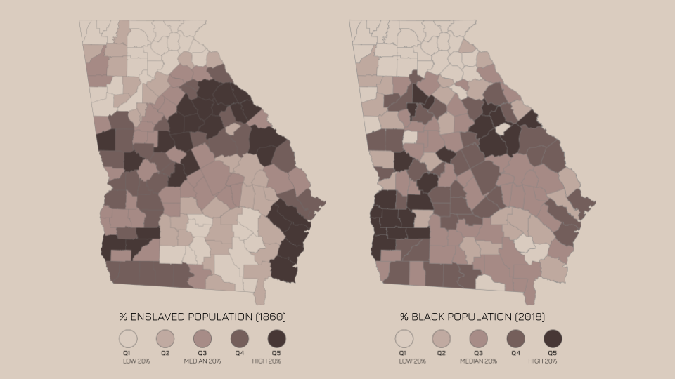 % ENSLAVED POPULATION (1860) and % 'BLACK ALONE' POPULATION (2018)