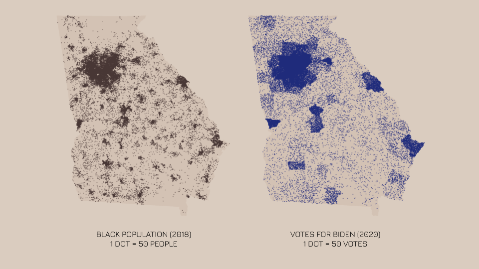 BLACK POPULATION (2018) and VOTES FOR BIDEN (2020), 1 dot = 50 people/votes