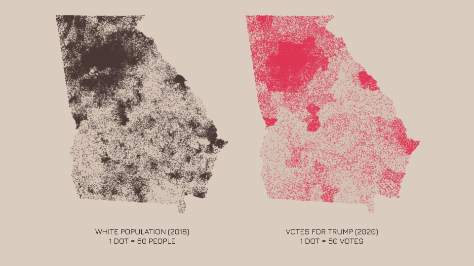 WHITE POPULATION (2018) and VOTES FOR TRUMP (2020), 1 dot = 50 people/votes