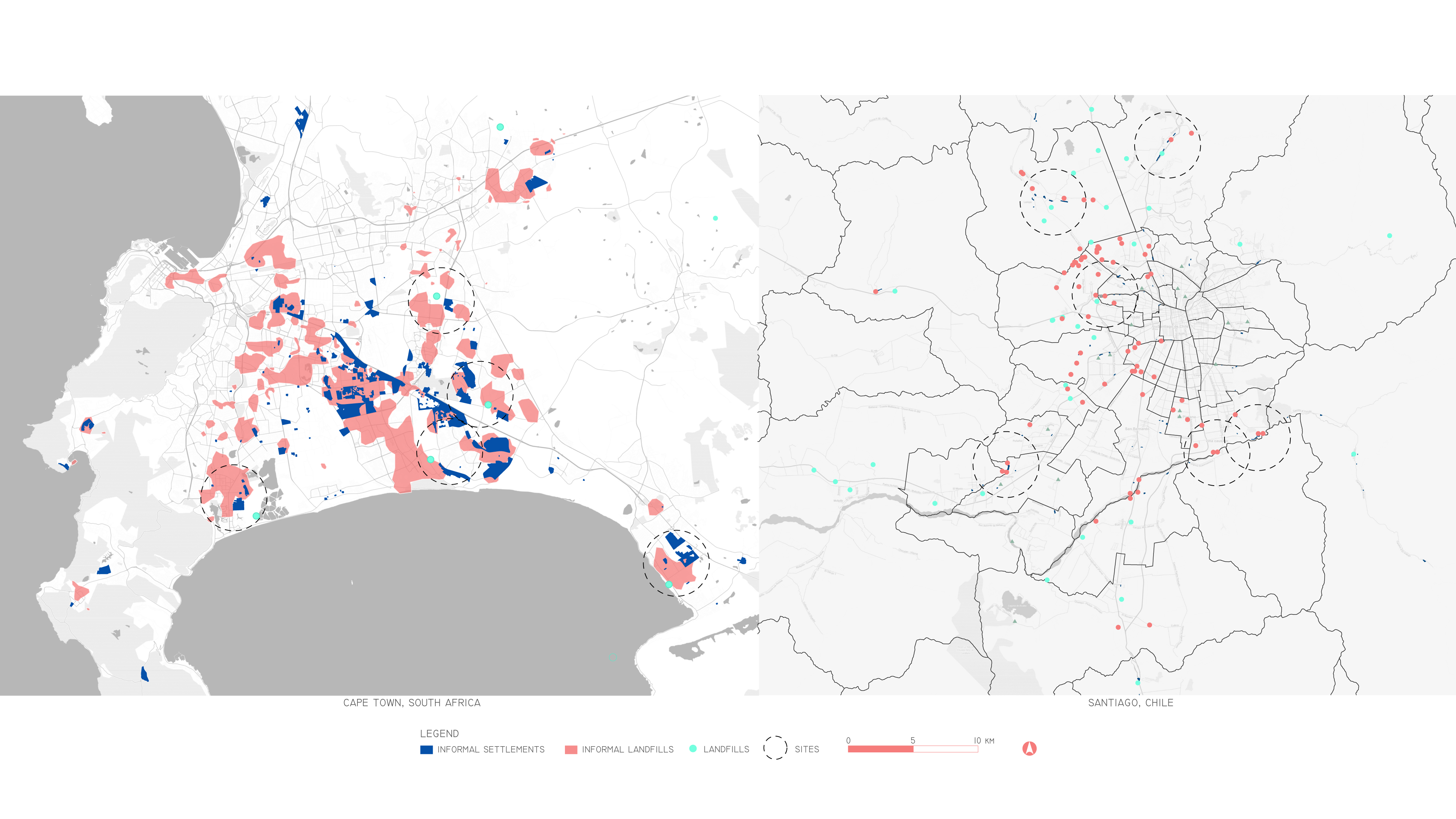 side by side map of santiago and cape town