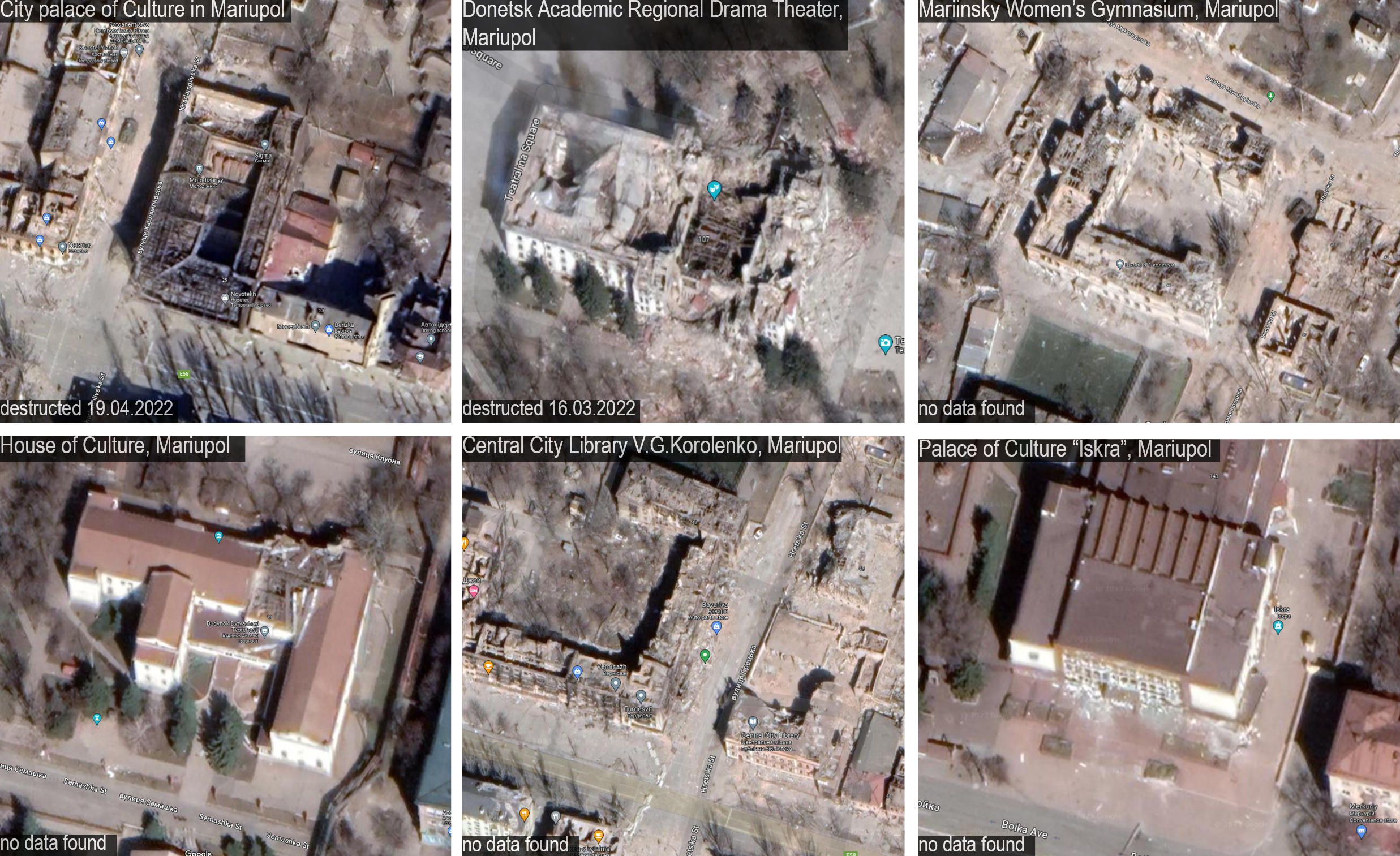 Satellite Imagery of Destruction around Mariupol extracted from Google Maps on 2023-30-04