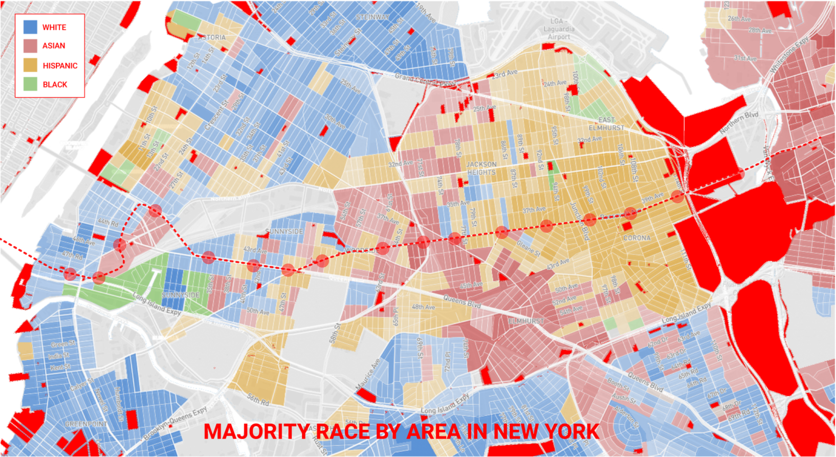 "Map of Majority Race by Area in Queens Along the 7 Line"