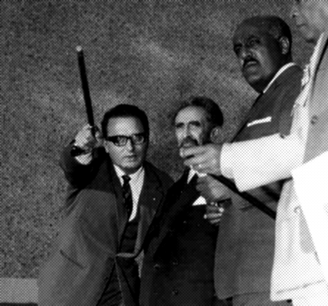 Arturo Mezzedimi showing Emperor Haile Selassie the construction of Africa Hall, alongside former Viceroy to Eritrea Aserate Kassa