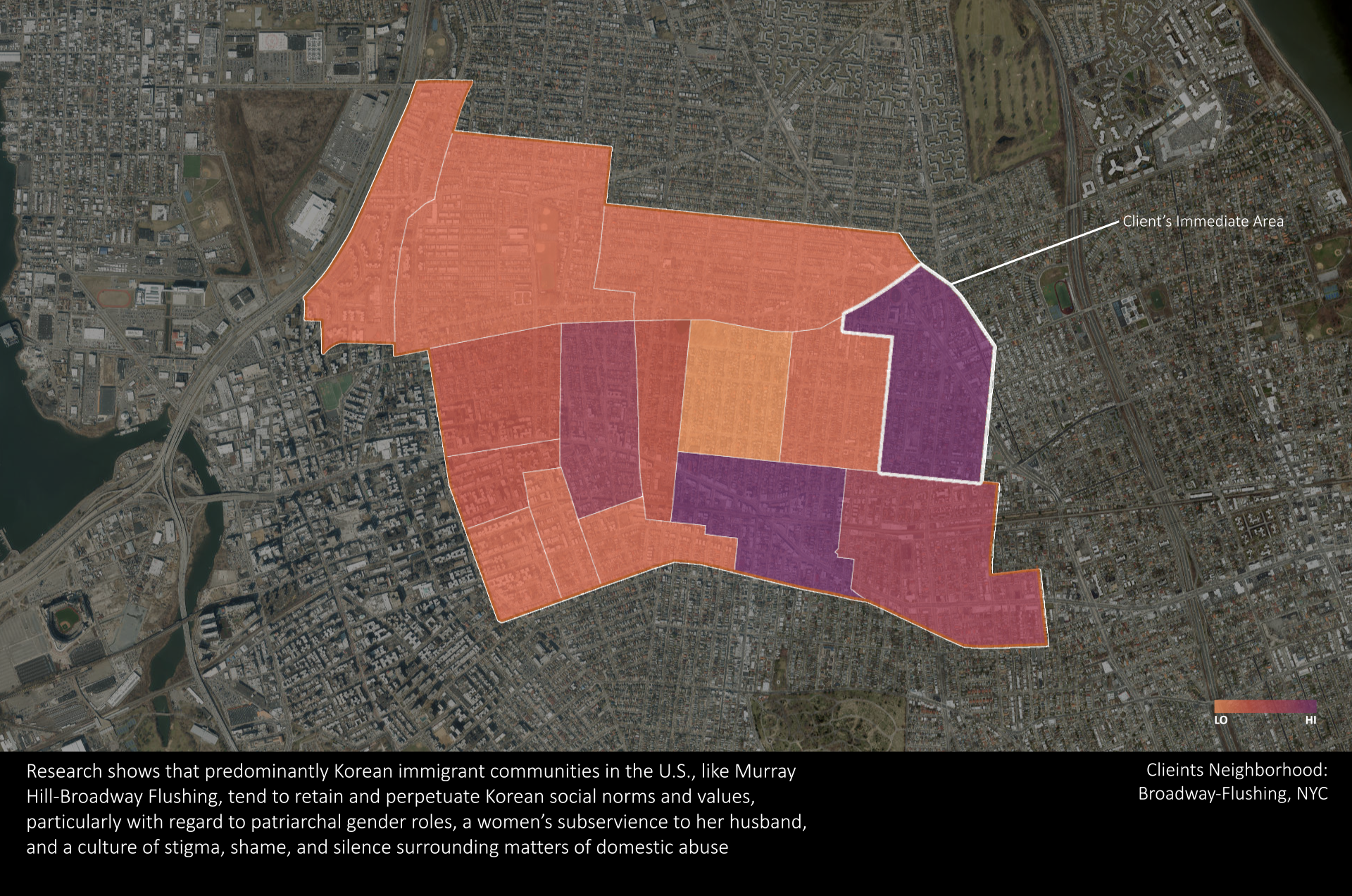 Research shows that predominantly Korean immigrant communities in the U.S., like Murray Hill-Broadway Flushing, tend to retain and perpetuate Korean social norms and values, particularly with regard to patriarchal gender roles, a women's subservience to her husband, and a culture of stigma, shame, and silence surrounding matters of domestic abuse