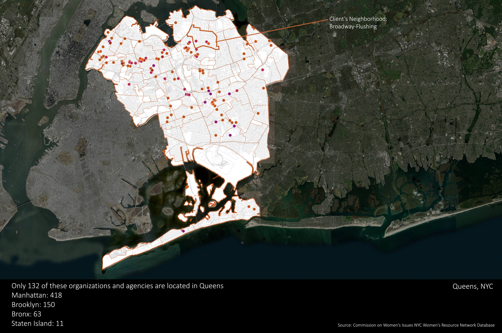 Mapping the available women's resources in Queens, showing the sparcity of accessible resources within the borough of Queens in comparison to Manhattan or Brooklyn