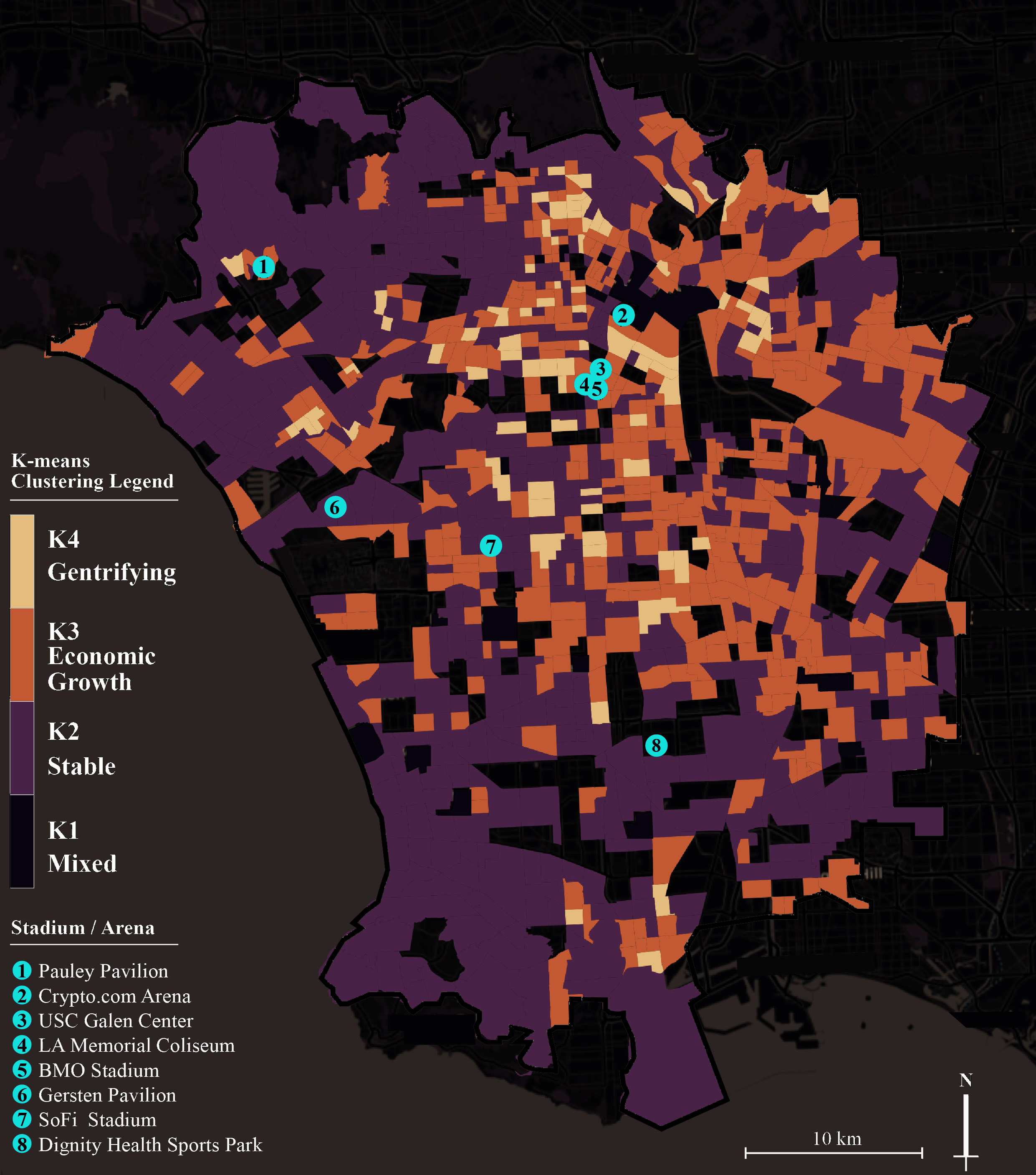 K Cluster map within a 20 km radius of SoFI stadium (K=4)