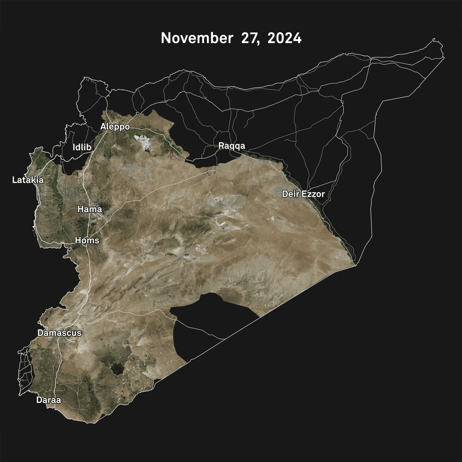 Regime control of Syria, November 27 – December 8, 2024, according to LiveUAMap.