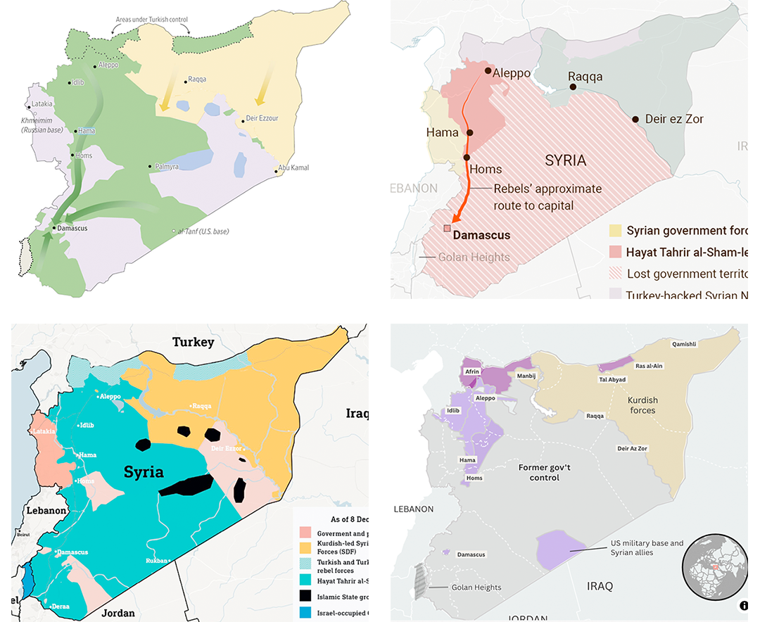 Maps of Syria derived from LiveUAMap and modified with other data sources. Clockwise from top left: Wall Street Journal, Times of London, euronews, Middle East Eye.