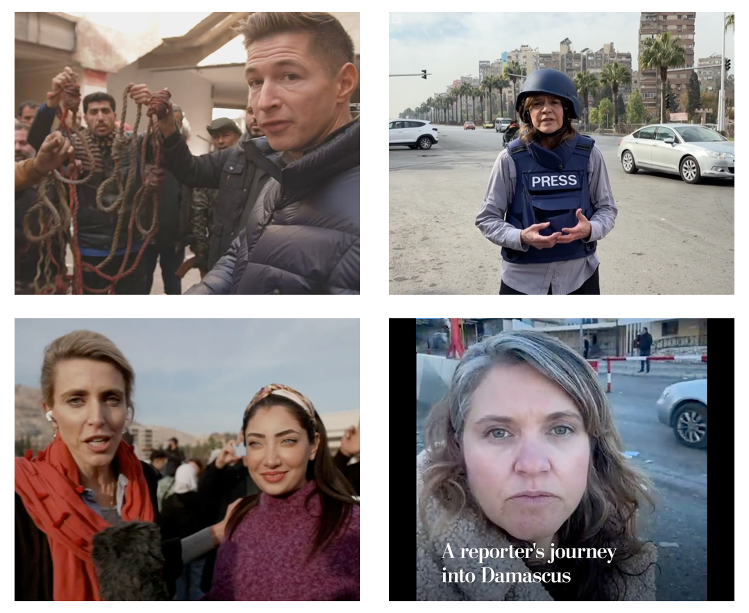 Initial broadcasts reporting live from Damascus. Clockwise from top left: James Longman  with ABC, Barbara Plett-Usher with BBC, Loveday Morris with Washington Post, Clarissa Ward with CNN.