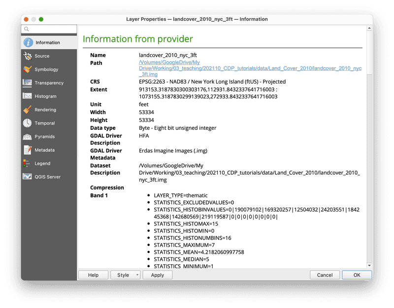 land cover properties menu