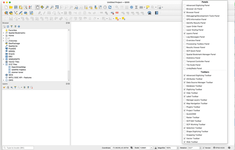 qgis panels toolbars