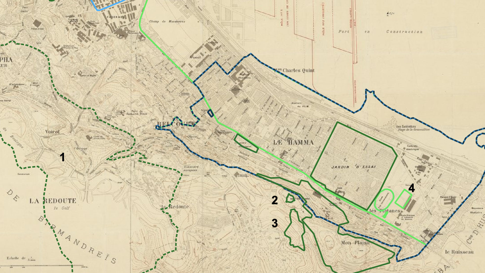 Map of Ali and Lilas's places on top of a colonial-era map of Algiers, zoomed in to Belouizdad