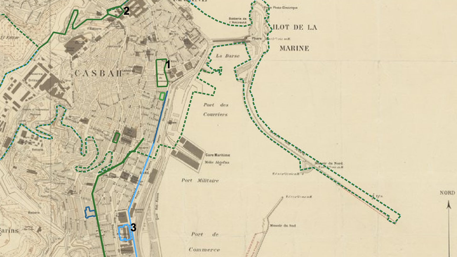 Map of Ali and Lilas's places on top of a colonial-era map of Algiers, zoomed in to the Casbah