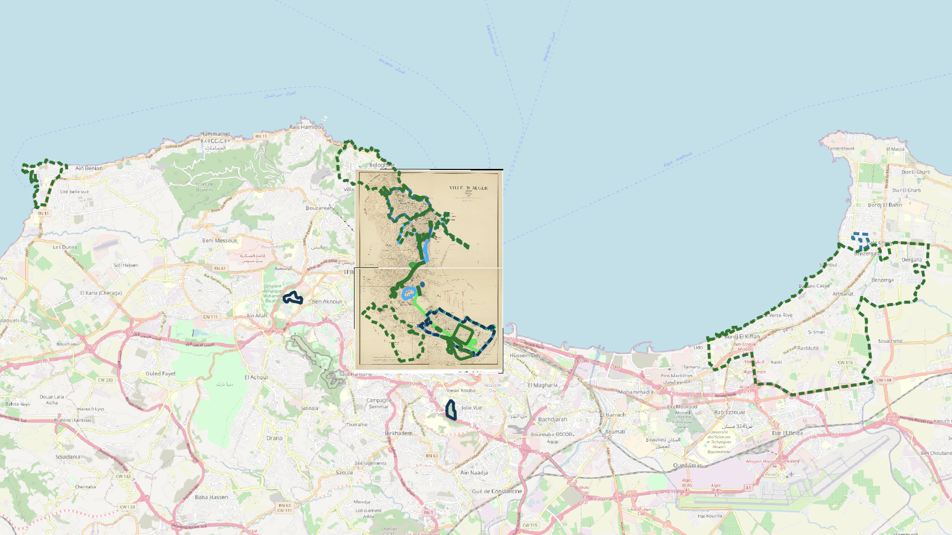 Map of Ali and Lilas's places on top of a colonial-era map of Algiers
