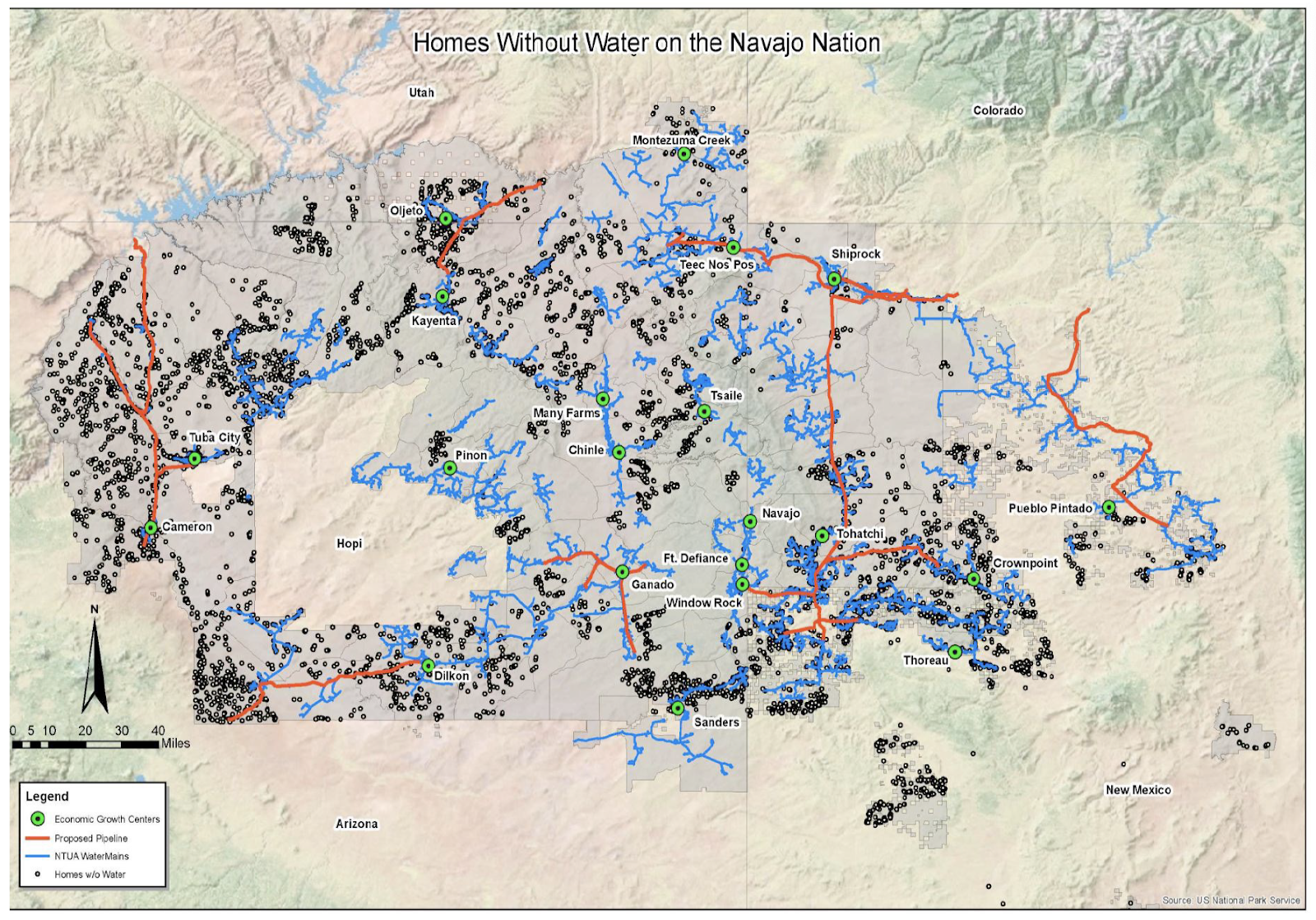 Houses without water and proposed water infrastructure on the Navajo Nation. From Navajo Tribal Utility Authority.